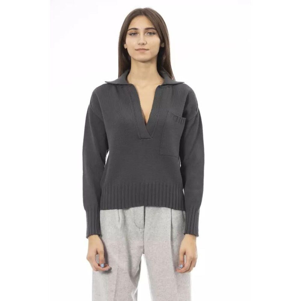 Alpha Studio V-Neck Wool Sweater with Ribbed Cuffs and Front Pocket